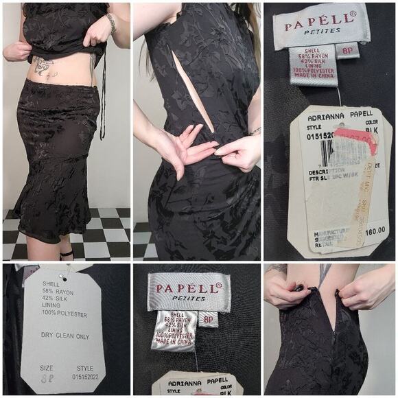 90s Vintage NWT Black Frilly Whimsy Goth Adrianna Papell 2 Piece Floral Set - Picture 7 of 7